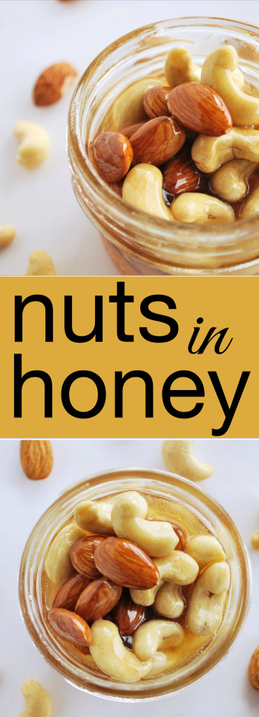 Nuts in Honey: A whole food, gluten free, and vegetarian gift with so many uses! Poured on ice cream, swirled through yogurt, or spread on pancakes, these Nuts in Honey are pure perfection! || fooduzzi.com