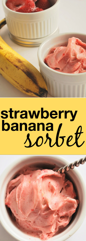 Strawberry Banana Sorbet: Hello, your new summertime treat! Just two ingredients make up the creamiest, freshest gluten free and vegan sorbet out there! || fooduzzi.com