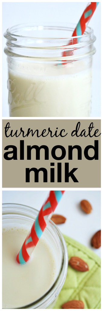 Turmeric Date Almond Milk: Spiked with anti-inflammatory turmeric and sweet dates, this homemade gluten free and vegan almond milk takes just minutes to make! || fooduzzi.com