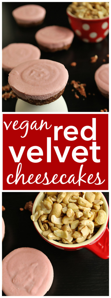 Vegan Red Velvet Cheesecakes: Ultra creamy and made with whole foods! These personal cheesecakes are gluten free and paleo, and they're 100% no-bake! || fooduzzi.com