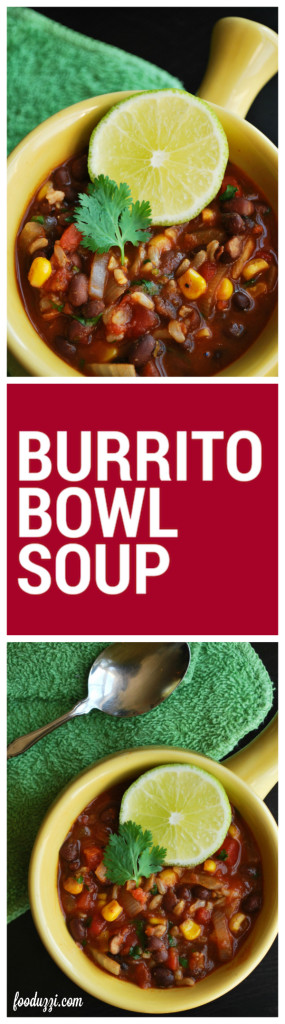 Burrito Bowl Soup: Everything you love about a classic burrito bowl stuffed inside of a flavorful, chunky soup! Perfect for fall! || fooduzzi.com recipes