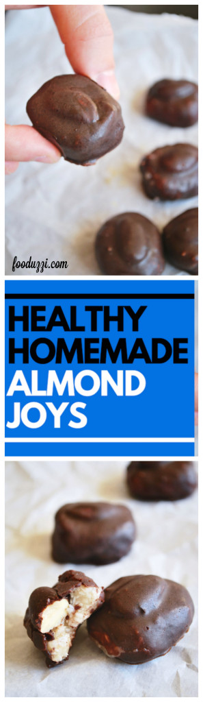 Healthy Homemade Almond Joys: just like the originals...except refined sugar-free, gluten free, and vegan! A healthy Halloween treat, indeed! || fooduzzi.com recipes