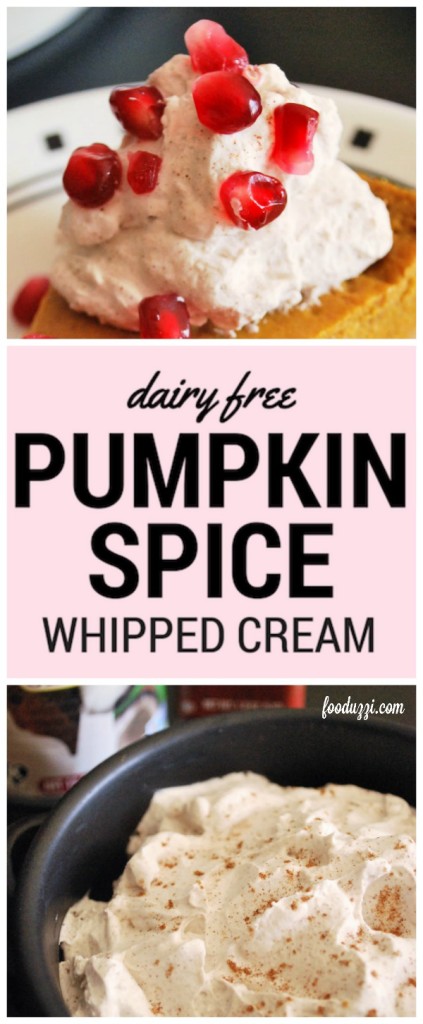 Dairy Free Pumpkin Spice Whipped Cream: A flavorful take on the classic pumpkin pie topper! It's a gluten free, vegan, and healthy whipped cream recipe! || fooduzzi.com recipes