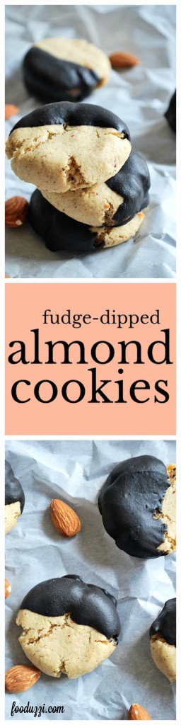 Fudge-Dipped Almond Cookies: Perfect little almond cookies dipped into a homemade fudge sauce. Best of all, they're gluten free, vegan, dairy free, healthy, and perfect for Christmas Cookie extravaganzas! || fooduzzi.com recipes