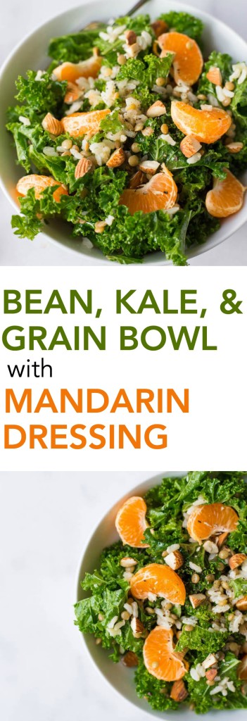 Bean, Kale, and Grain Bowl with Mandarin Dressing: a simple and satisfying 5-minute meal that's gluten free, vegan, healthy, and completely customizable! Mix and match to create your personalized bowl! || fooduzzi.com recipes