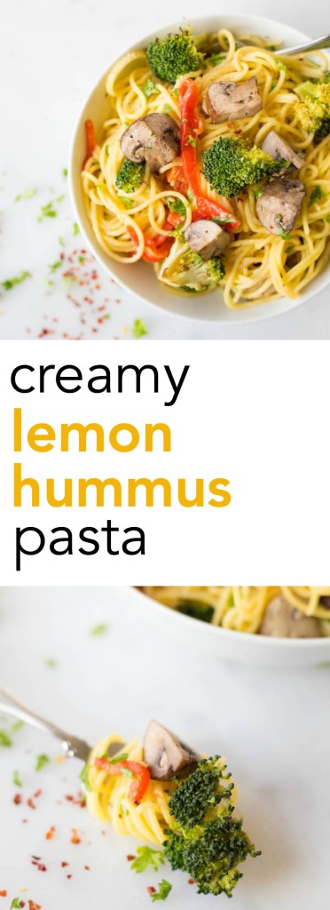 Creamy Lemon Hummus Pasta with Roasted Vegetables: A quick 20-minute meal that's gluten free, vegan, and healthy! || fooduzzi.com recipe
