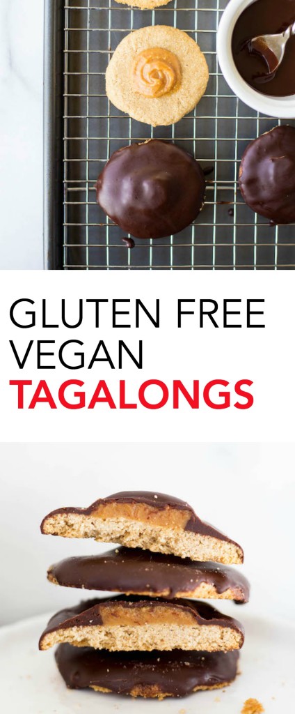 Gluten Free Vegan Tagalongs: this healthy copycat take on a Girl Scout Cookie classic is bound to become your newest obsession! These peanut butter patties require only 6 ingredients! || fooduzzi.com recipe