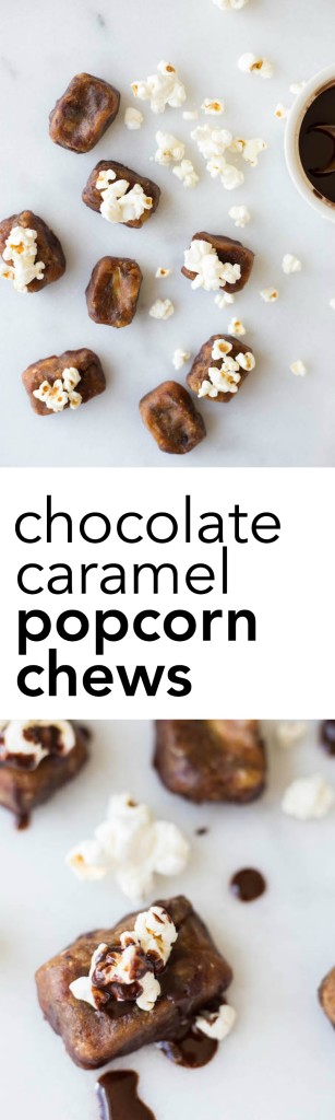 Chocolate Caramel Popcorn Chews: salty, sweet, gooey, and crunchy, these gluten free and vegan candies are simple and delicious! || fooduzzi.com recipe