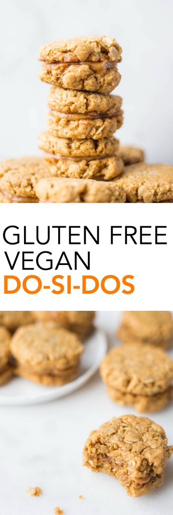 Gluten Free Vegan Do-Si-Dos: a healthy copycat of your favorite Girl Scout peanut butter sandwich cookie that's perfect for dessert or for a snack! And the dough is ridiculously addictive! || fooduzzi.com recipe