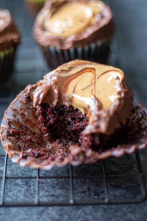 Vegan Chocolate Cupcakes with Chocolate Peanut Butter Ganache Frosting