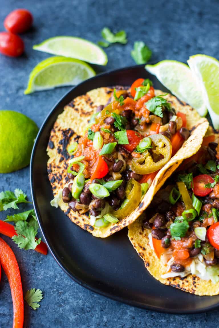 Black Bean Tacos with Vegan Creamy Slaw - Fooduzzi