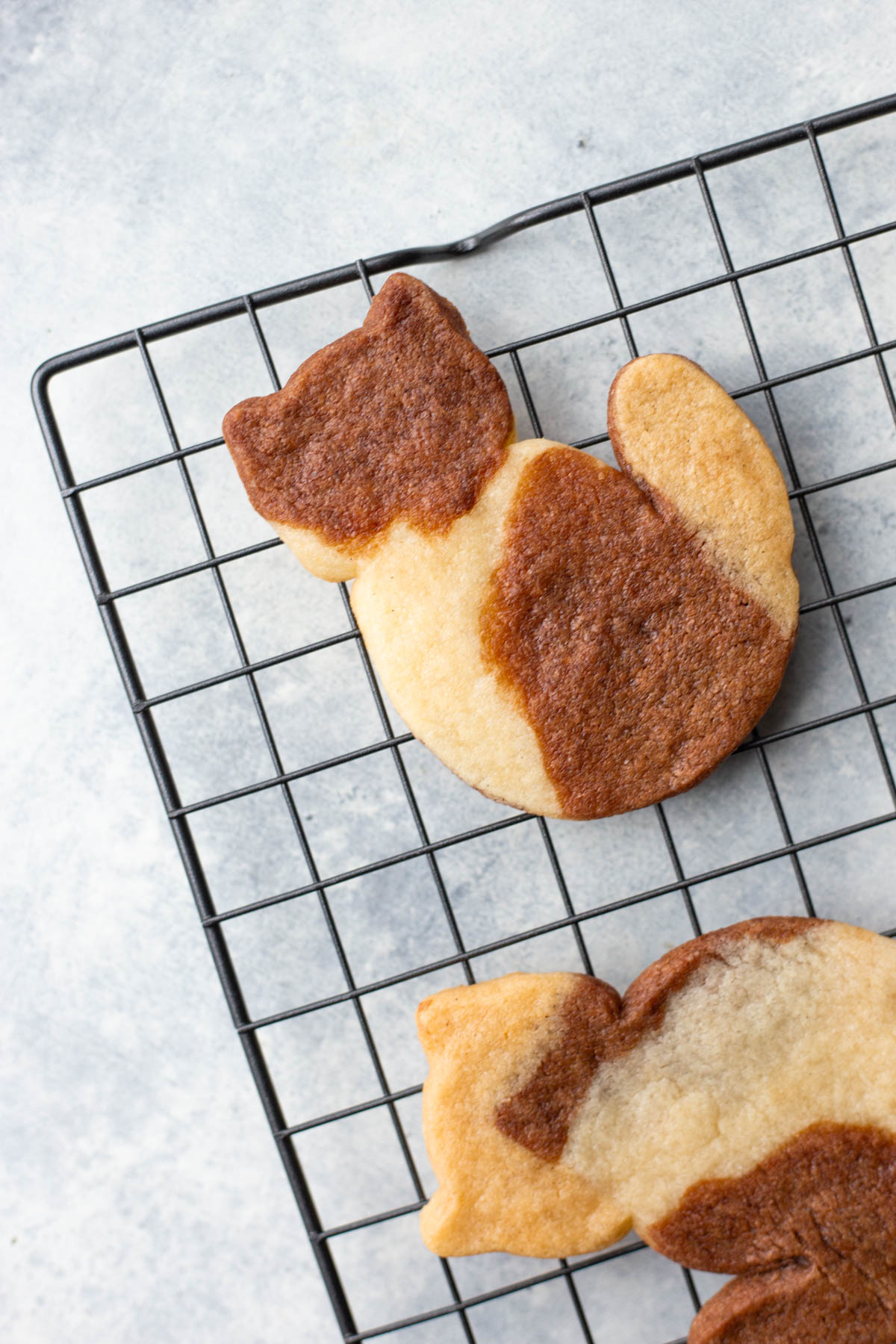 a tri-colored cookie in the shape of a cat on a black cooling rack